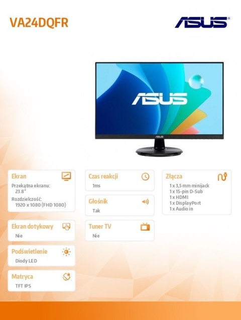 Asus Monitor 24 cale VA24DQFR IPS 100Hz DSUB HDMI DP Głośnik Asus Monitor 24 cale VA24DQFR IPS 100Hz DSUB HDMI DP Głośnik