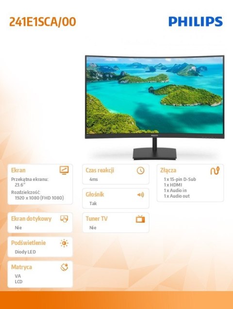 Philips Monitor 241E1SCA 23.6 cali VA Curved HDMI Głośniki Philips Monitor 241E1SCA 23.6 cali VA Curved HDMI Głośniki
