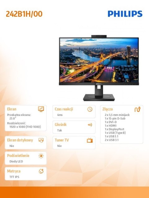 Philips Monitor 242B1H 23.8 IPS DVI HDMI DP Pivot Webcam Philips Monitor 242B1H 23.8 IPS DVI HDMI DP Pivot Webcam