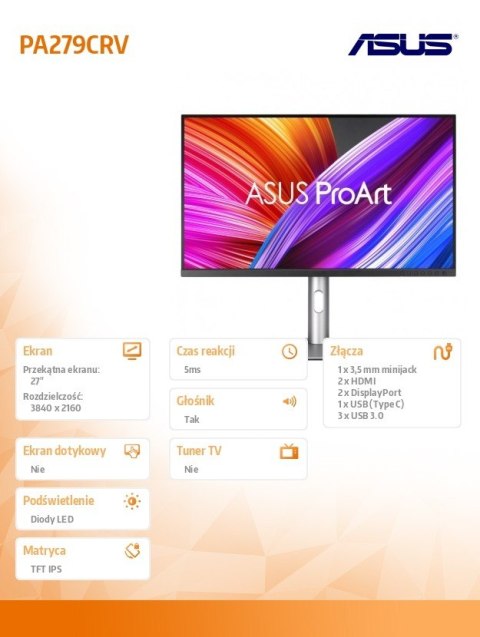 Asus Monitor 27 cali PA279CRV AS BK/5MS/EU/DP+HDMI+TYPEC+USB+głośniki Asus Monitor 27 cali PA279CRV AS BK/5MS/EU/DP+HDMI+TYPEC+USB+głośniki