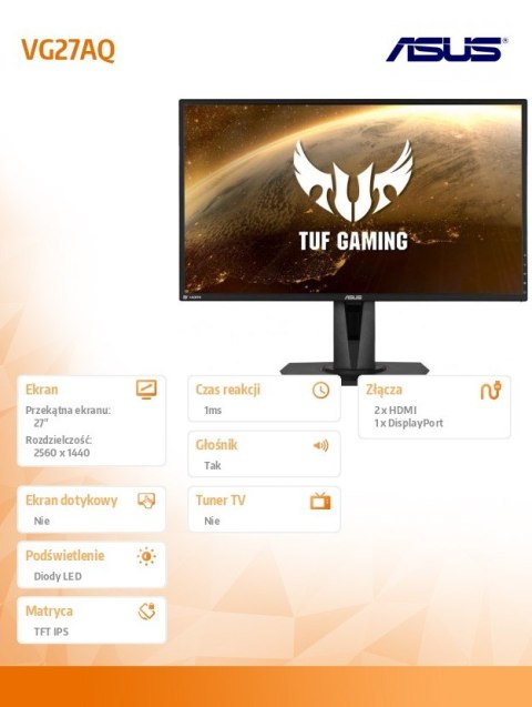 Asus Monitor 27 cali VG27AQ WQHD IPS HDMI DP 1ms 155Hz Asus Monitor 27 cali VG27AQ WQHD IPS HDMI DP 1ms 155Hz