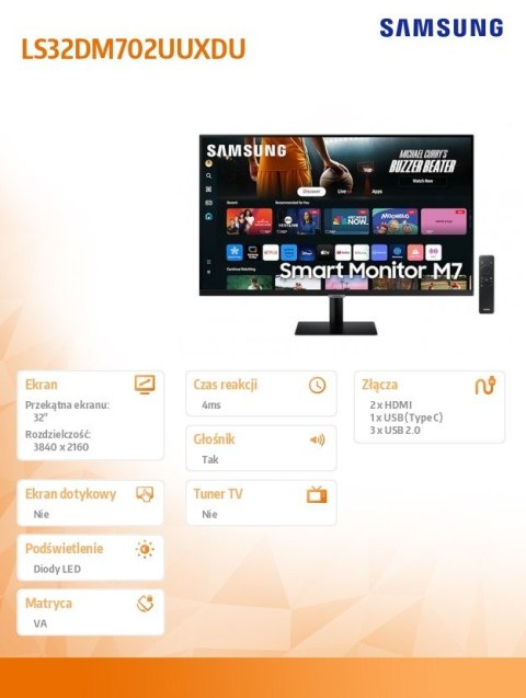 Samsung Monitor 32 cale SMART M70D VA 3840x2160 UHD 16:9 2xHDMI 3xUSB 2.0 1xUSB-C (65W) 4ms 60Hz WiFi/BT głośniki płaski 2Yd2d