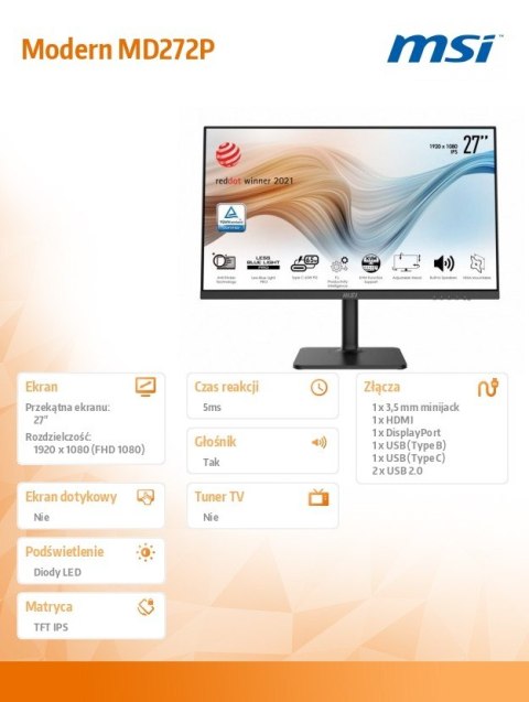 MSI Monitor Modern MD272P 27 cali IPS/LED/FHD/4ms/75Hz