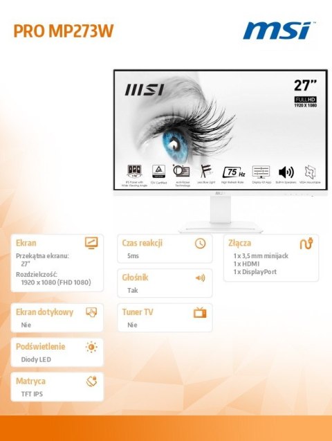 MSI Monitor PRO MP273W 27 cali IPS /FHD/75Hz/HDMI DP/biały