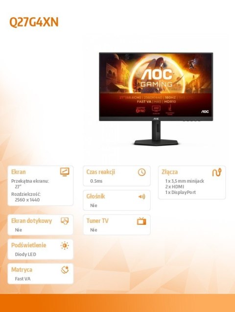 AOC Monitor Q27G4XN 27 cali Fast VA 180Hz HDMIx2 DP Pivot