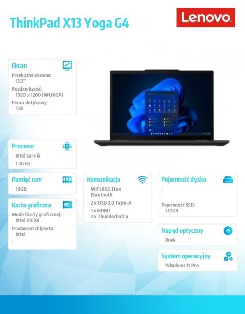 Lenovo Ultrabook ThinkPad X13 Yoga G4 21F2001GPB W11Pro i5-1335U/16GB/512GB/INT/13.3 WUXGA/Touch/Deep Black/3YRS Premier SUpport + KYD 