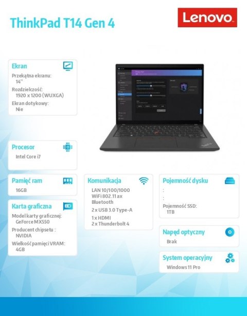 Lenovo Ultrabook ThinkPad T14 G4 21HD009YPB W11Pro i7-1360P/16GB/1TB/MX550 4GB/14.0 WUXGA/Thunder Balck/3YRS Premier Support + CO2 Offs
