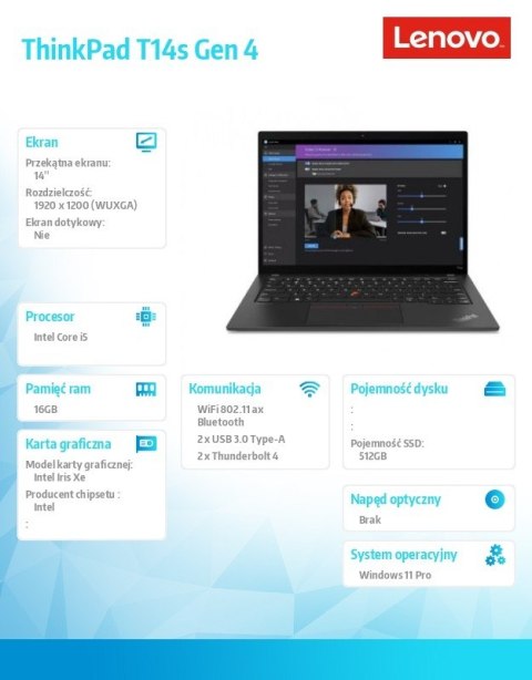 Lenovo Ultrabook ThinkPad T14s G4 21F60039PB W11Pro i5-1335U/16GB/512GB/INT/14.0 WUXGA/Deep Black/3YRS Premier Support + CO2 Offset