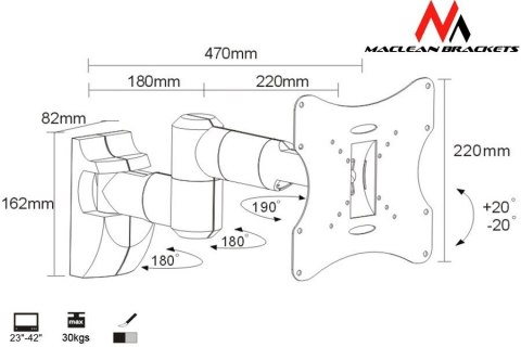 Maclean Uchwyt do monitora 23-42'' 30 kg uniwersalny MC-503A S max vesa 200 srebrny Maclean Uchwyt do monitora 23-42'' 30 kg uniwersalny MC-503A S max vesa 200 srebrny