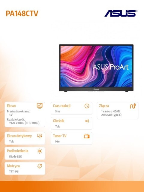 Asus Monitor 14 cali PA148CTV IPS mHDMI USB-C Głośnik PIVOT sRGB 100% Asus Monitor 14 cali PA148CTV IPS mHDMI USB-C Głośnik PIVOT sRGB 100%