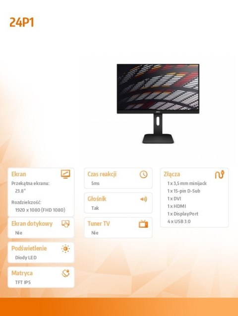 AOC Monitor 23.8 24P1 IPS DVI DP HDMI Pivot Głośniki AOC Monitor 23.8 24P1 IPS DVI DP HDMI Pivot Głośniki