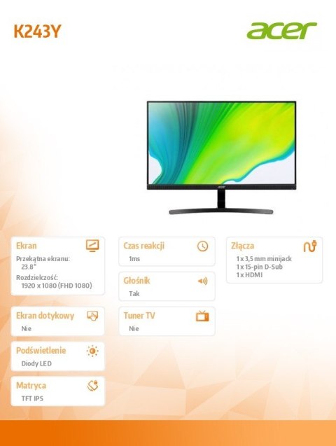 Acer Monitor 23.8 cali K243Ybmix IPS 1MS/100Hz/AMD FreeS/HDMI/VGA/GŁOŚNIK