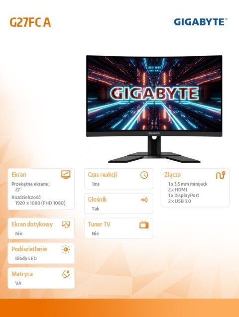 Gigabyte Monitor 27 cali G27FC A 1ms/12MLN:1/FULLHD/HDMI Gigabyte Monitor 27 cali G27FC A 1ms/12MLN:1/FULLHD/HDMI