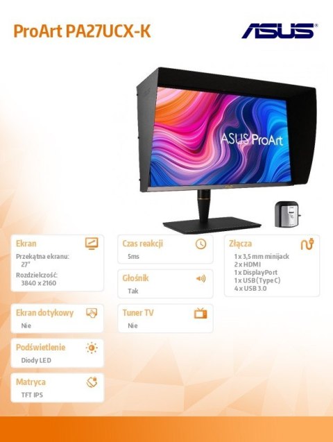 Asus Monitor 27 cali PA27UCX-K mini dLED IPS 4K HDR10 1200nit USB-C DP HDMI PIVOT 100% sRGB Głośnik Asus Monitor 27 cali PA27UCX-K mini dLED IPS 4K HDR10 1200nit USB-C DP HDMI PIVOT 100% sRGB Głośnik