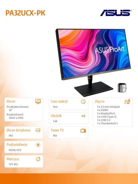 Asus Monitor 32 cale ProArt PA32UCX-PK 4K HDR IPS Mini LED Pro 1200nit HDMI DP USB Thunderbolt3 100%sRGB Asus Monitor 32 cale ProArt PA32UCX-PK 4K HDR IPS Mini LED Pro 1200nit HDMI DP USB Thunderbolt3 100%sRGB
