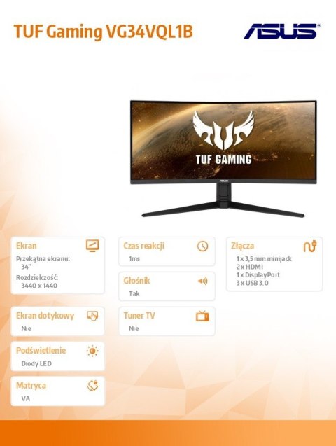 Asus Monitor 34 cale VG34VQL1B UWQHD 21:9 1500R 165Hz 1MS HDMIx2 DPx2 USB3.1x4 Głośnik PBP PIP Asus Monitor 34 cale VG34VQL1B UWQHD 21:9 1500R 165Hz 1MS HDMIx2 DPx2 USB3.1x4 Głośnik PBP PIP