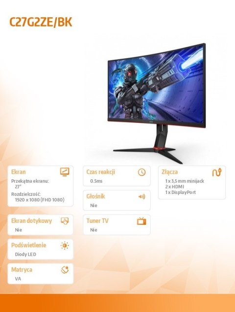 AOC Monitor C27G2ZE 27 VA 240 Hz Curved HDMIx2 DP AOC Monitor C27G2ZE 27 VA 240 Hz Curved HDMIx2 DP