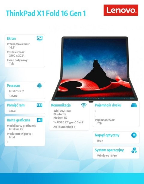 Lenovo Laptop ThinkPad X1 Fold 16 G1 21ES0013PB W11Pro i7-1260U/32GB/1TB/INT/LTE/16.3/Touch/vPro/3YRS Premier Support + CO2 Offset