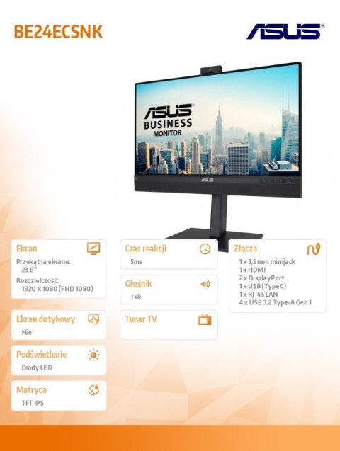 Asus Monitor 24 cale BE24ECSNK IPS USB-C DPX2 DAISY CHAIN HDMI USB3.2.0X4 GŁOŚNIK KAMERKA Asus Monitor 24 cale BE24ECSNK IPS USB-C DPX2 DAISY CHAIN HDMI USB3.2.0X4 GŁOŚNIK KAMERKA