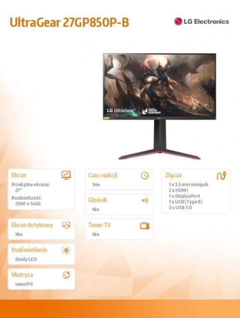 LG Electronics Monitor 27GP850P-B 27 cali IPS UltraGear QHD 165Hz 1ms