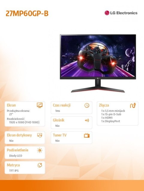 LG Electronics Monitor 27MP60GP-B 27 cali IPS FHD 1ms MBR FreeSync