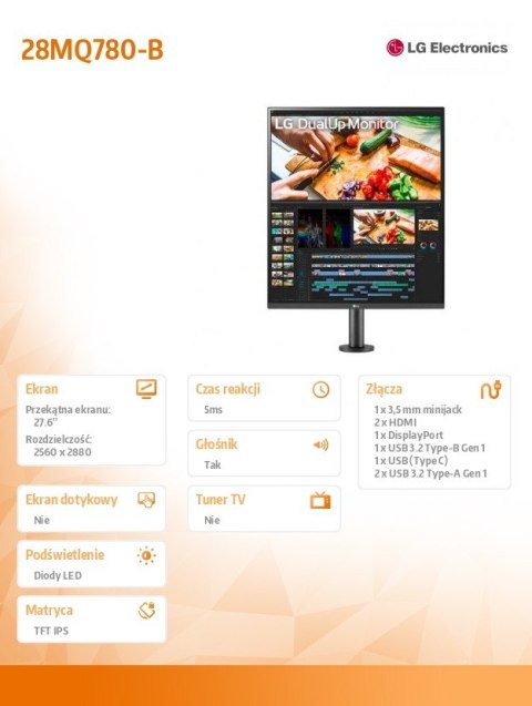 LG Electronics Monitor 28MQ780-B 27.6 cala 16:18 DualUp Ergo USB-C