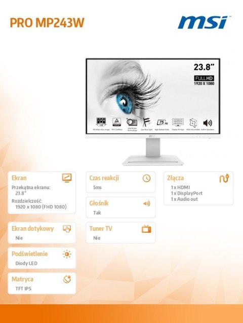 MSI Monitor PRO MP243W 23.8 cala IPS/FHD/5ms/75Hz/Biały