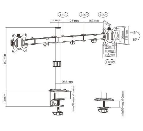 Gembird Ramię dla dwóch monitorów biurkowe (regulowane), 17 cale- 32 cale, do 9kg Gembird Ramię dla dwóch monitorów biurkowe (regulowane), 17 cale- 32 cale, do 9kg