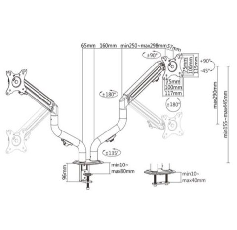 Gembird Ramię na dwa monitory biurkowe (regulowane), od 17 cali do 32 cali, obciążenie do 8kg Gembird Ramię na dwa monitory biurkowe (regulowane), od 17 cali do 32 cali, obciążenie do 8kg