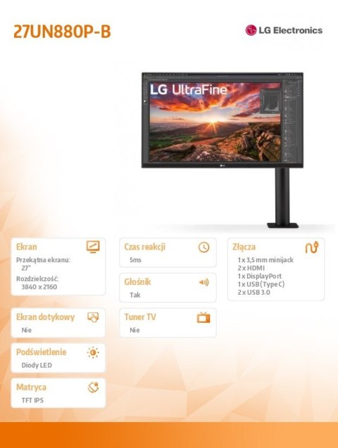 LG Electronics Monitor 27UN880P-B 27 cali IPS UHD 4K Ergo USB-C