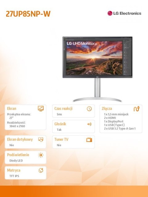 LG Electronics Monitor 27UP85NP-W 27 cali UHD IPS USB-C V.DisplayHDR