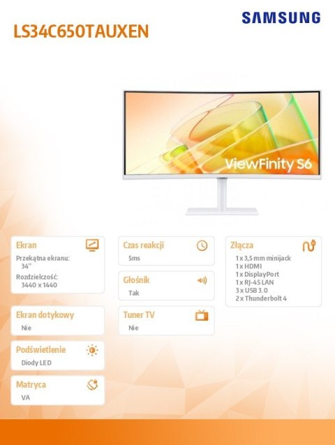 Samsung Monitor 34 cale ViewFinity S65CT VA 3440x1440 UWQHD 21:9 1xHDMI 1xDP 2xTB 4.0(90W/15W) 3xUSB 3.0 LAN 5ms 100Hz HAS gł. zakrzyw. 
