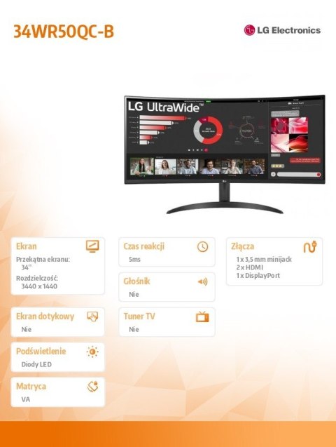 LG Electronics Monitor 34WR50QC-B Ultawide 34 cale WQHD 21:9 FreeSync