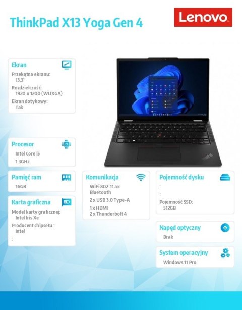 Lenovo Ultrabook ThinkPad X13 Yoga G4 21F2004APB W11Pro i5-1335U/16GB/512GB/INT/13.3 WUXGA/Touch/Deep Black/3YRS Premier Support + CO2 