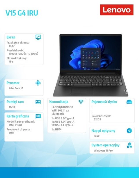Lenovo Laptop V15 G4 83A100LQPB W11Pro i7-1355U/16GB/512GB/INT/15.6 FHD/Business Black/3YR OS