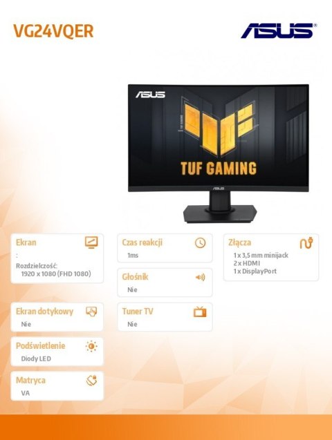 Asus Monitor 24 cale VG24VQER 2xHDMI DisplayPort czarny 1ms Asus Monitor 24 cale VG24VQER 2xHDMI DisplayPort czarny 1ms