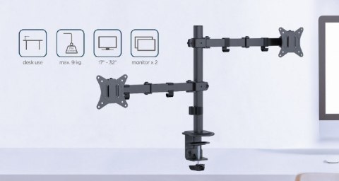 Gembird Ramię biurkowe na 2 monitory 17-32 cale 9kg Gembird Ramię biurkowe na 2 monitory 17-32 cale 9kg