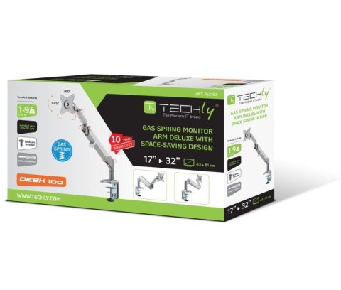 Techly Uchwyt do monitora 17-32 cali LCD 9 kg biurkowy gazowy obrotowy Techly Uchwyt do monitora 17-32 cali LCD 9 kg biurkowy gazowy obrotowy