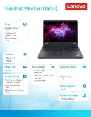 Lenovo Mobilna stacja robocza ThinkPad P16v G1 21FC000FPB W11Pro i7-13700H/32GB/1TB/RTXA1000 6GB/16 cali WUXGA/Thunder Black/3YRS Premi