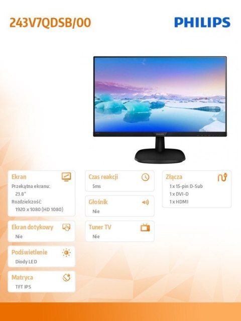 Philips Monitor 23.8 243V7QDSB IPS DVI HDMI Czarny Philips Monitor 23.8 243V7QDSB IPS DVI HDMI Czarny