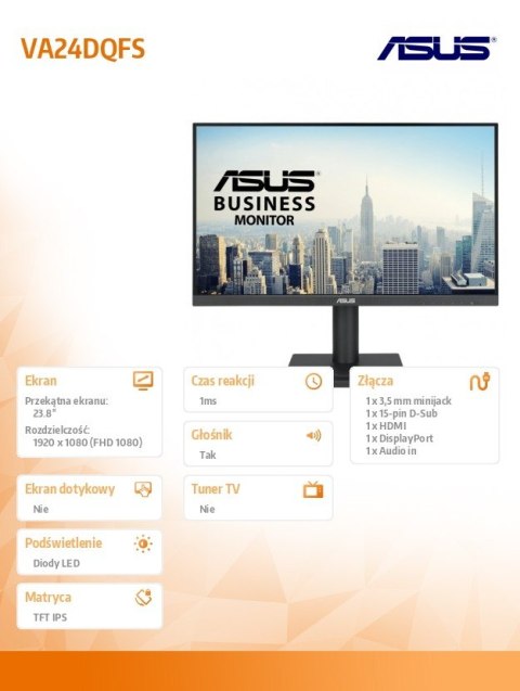 Asus Monitor 24 cale VA24DQFS IPS FHD 100Hz HDMI VGA Asus Monitor 24 cale VA24DQFS IPS FHD 100Hz HDMI VGA