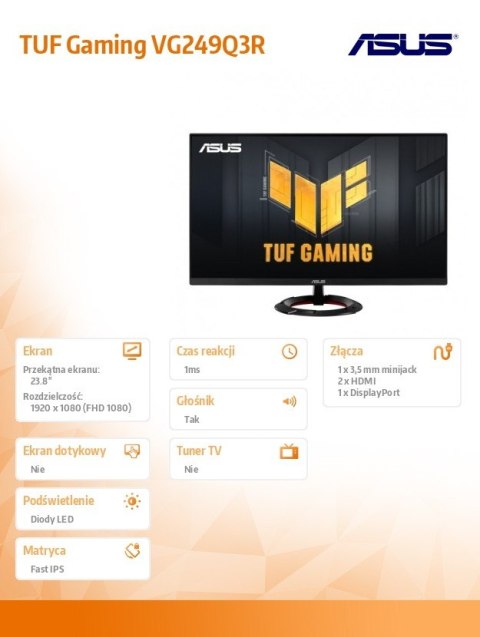 Asus Monitor 24 cale VG249Q3R IPS BK/1MS/EU/HDMI/180Hz Asus Monitor 24 cale VG249Q3R IPS BK/1MS/EU/HDMI/180Hz