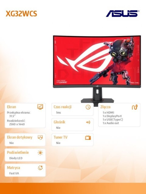 Asus Monitor 32 cale XG32WCS ROG S 180Hz DP HDMI USB-C Asus Monitor 32 cale XG32WCS ROG S 180Hz DP HDMI USB-C