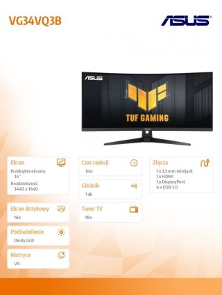 Asus Monitor 34 cale VG34VQ3B WQHD 180Hz DP HDMI TUF 1500R