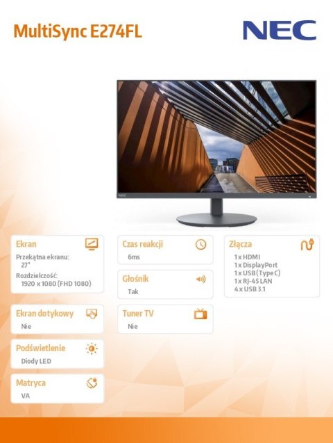 NEC Monitor MultiSync E274FL 27 cali USB-C HDMI czarny NEC Monitor MultiSync E274FL 27 cali USB-C HDMI czarny