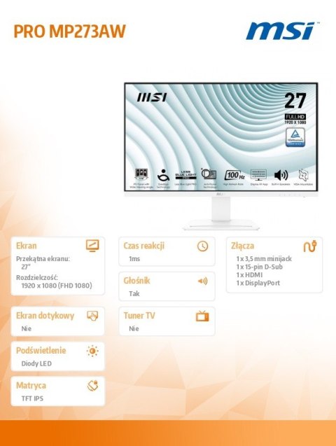 MSI Monitor PRO MP273AW 27 cali LED/FHD/Flat/100Hz/White