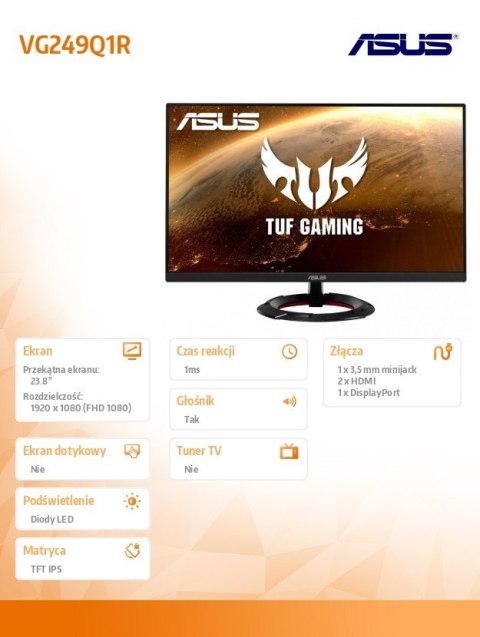Asus Monitor VG249Q1R 23.8 cala TUF IPS HDMI DP Głośnik FS Asus Monitor VG249Q1R 23.8 cala TUF IPS HDMI DP Głośnik FS