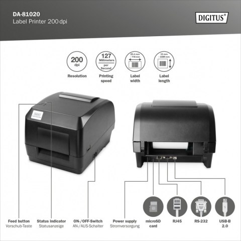 Digitus Biurkowa drukarka etykiet, termiczna, 200dpi, USB 2.0, RS-232, Ethernet Digitus Biurkowa drukarka etykiet, termiczna, 200dpi, USB 2.0, RS-232, Ethernet