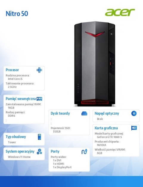 Acer Komputer Nitro N50-640 i5-12400F/16GB/GTX 1660 SUPER/512GB/W11Home