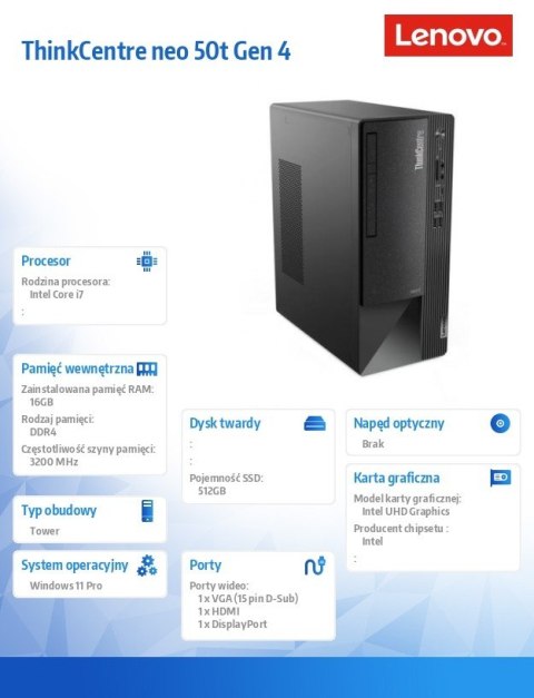 Lenovo Komputer ThinkCentre Neo 50t G4 TWR 12JB003JPB W11Pro i7-13700/16GB/512GB/INT/3YRS OS